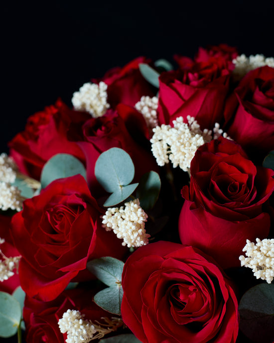 Bouquet of red roses with white berries and green leaves on a black background